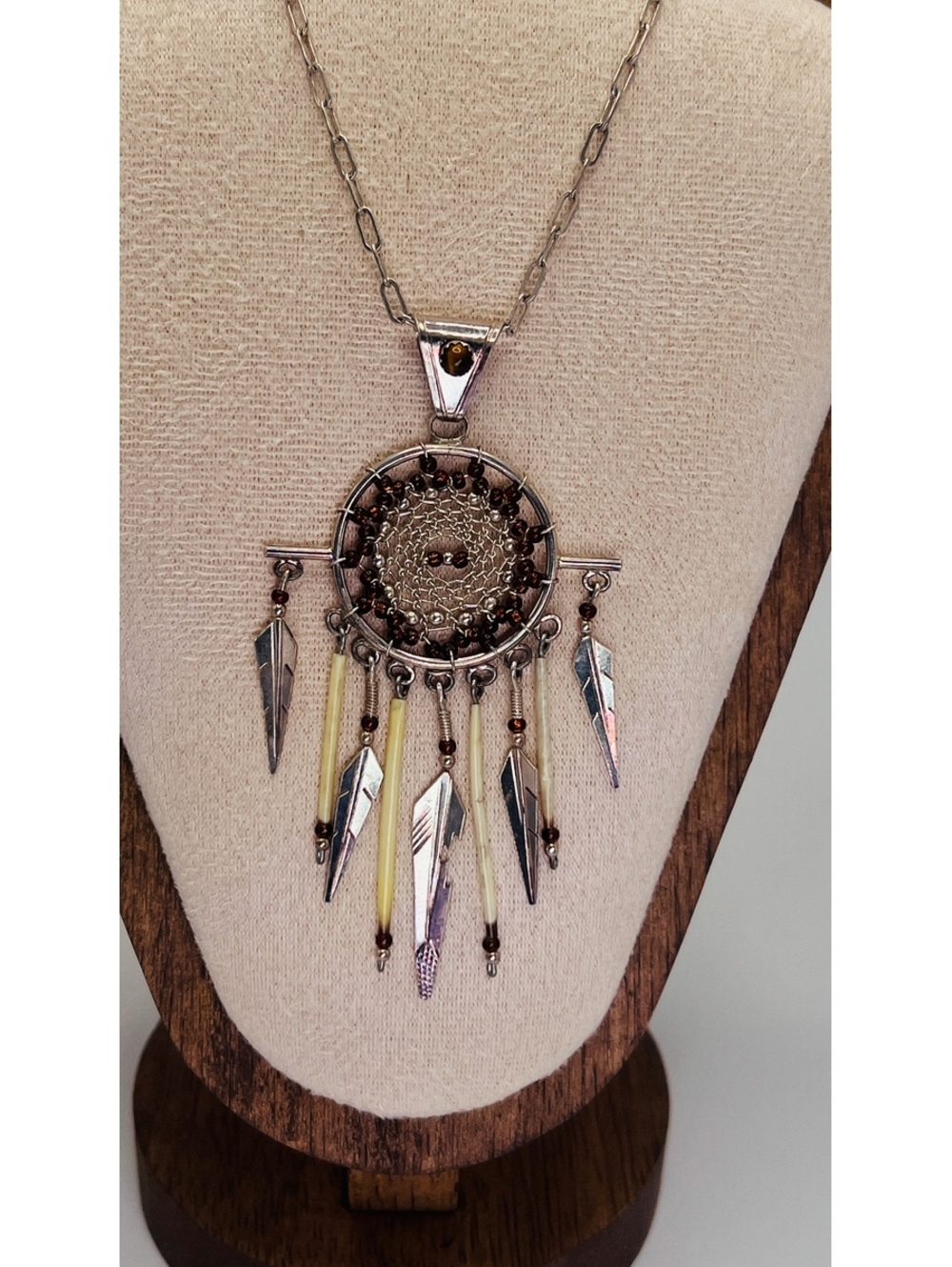 Vintage Sterling Silver Dreamcatcher Necklace LS Feather Garnet Bone 14.33g